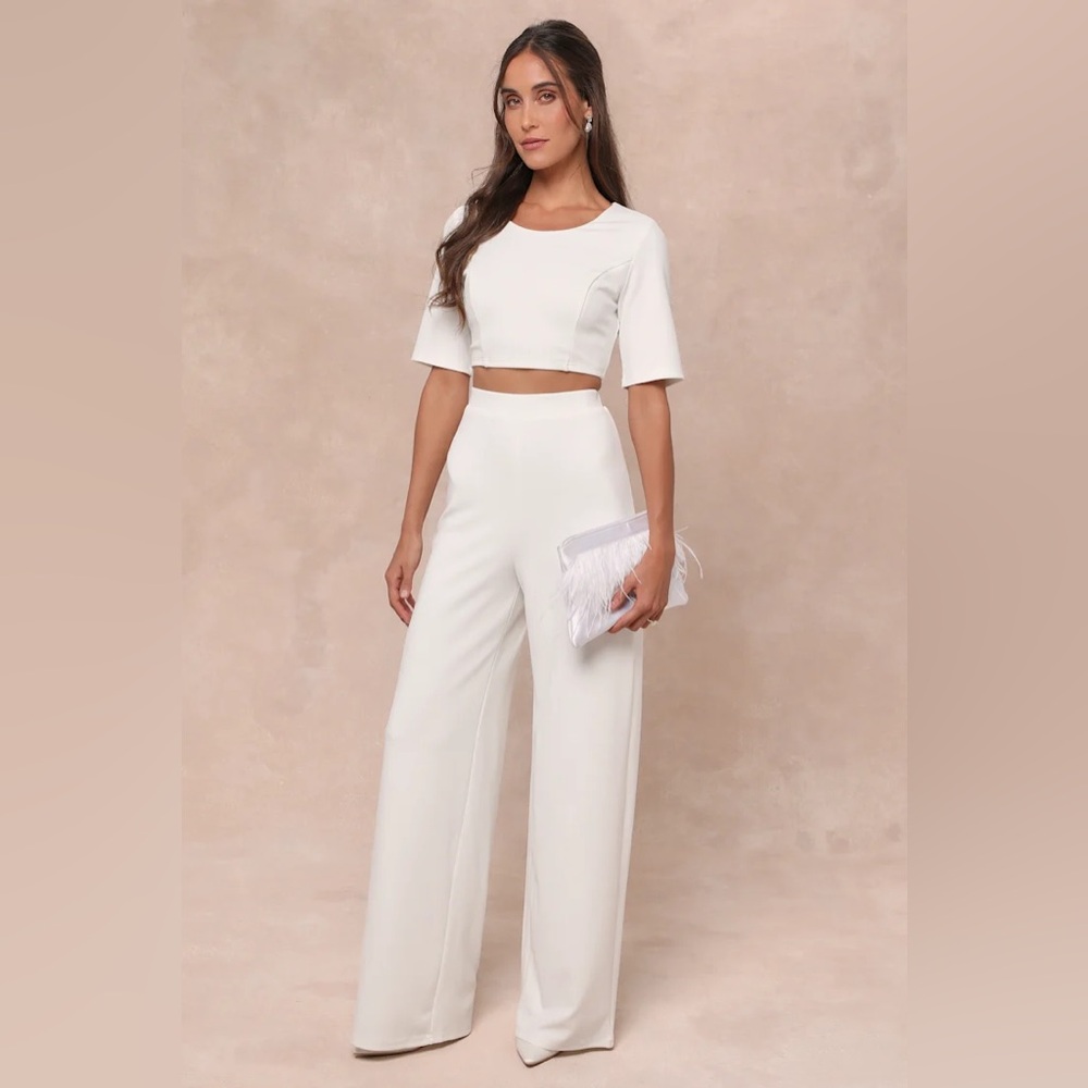 Lulus Chic White Short Sleeve Wide-Leg Two-Piece Jumpsuit Sz SMALL